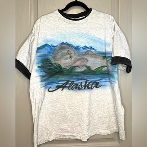Vintage 80s airbrush t shirt. Alaska otter fishing travel tee size XL
